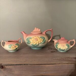 Vintage Hull Art Pottery Matte Pastel Pink Water Lily Teapot Creamer & Sugar Set